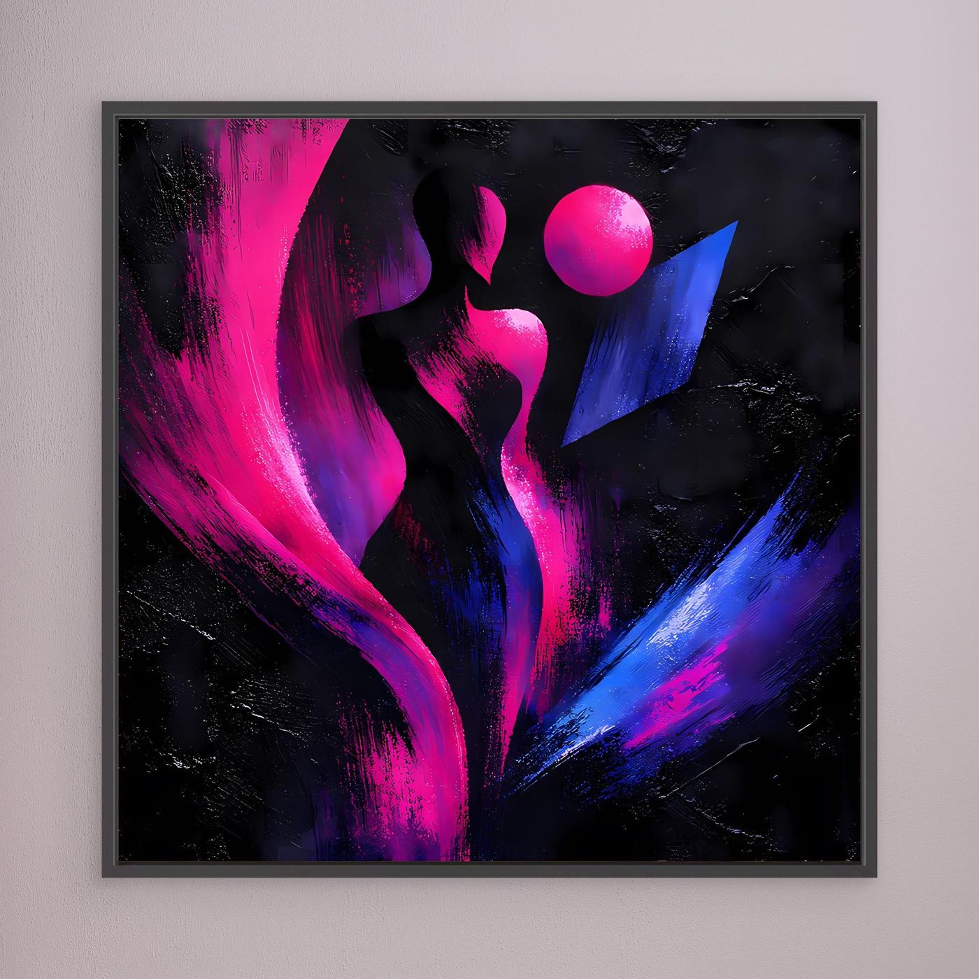 Leinwandbild mit abstrakter Silhouette, Neon-Pink und Blau, runde Farbbälle, schwarz gerahmt