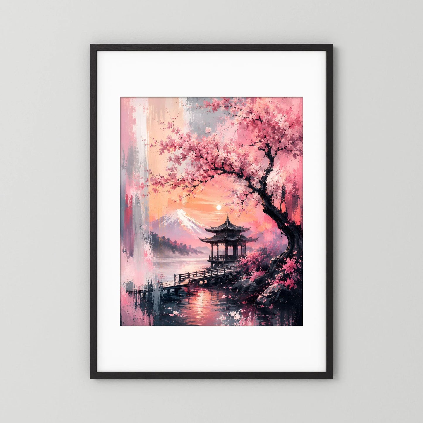 Hochformatiges Japan-Landschaftsposter mit Kirschblüten, Pagode und See, schwarzer Rahmen