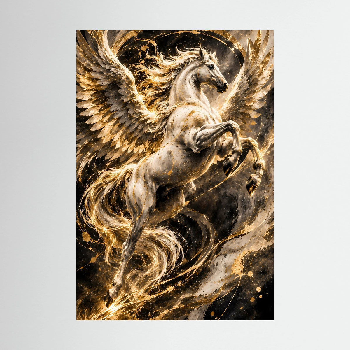 Hochformat-Poster mit geflügeltem Pegasus in hellem Grau und goldenen Lichtern