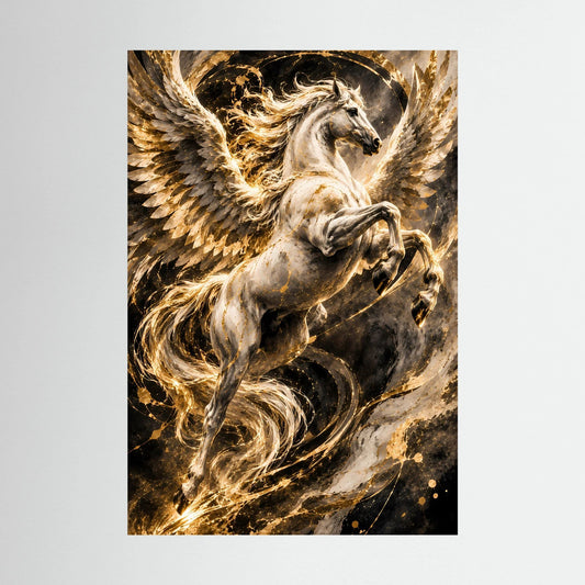 Hochformat-Poster mit geflügeltem Pegasus in hellem Grau und goldenen Lichtern