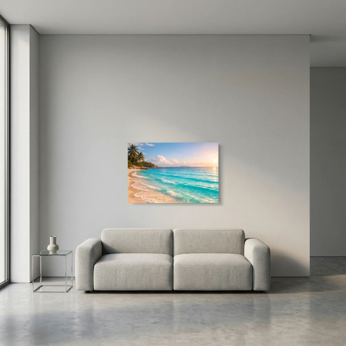 Tropisches Strand-Wandbild mit Meerblick und Sonnenaufgang, über grauem Sofa im Wohnzimmer