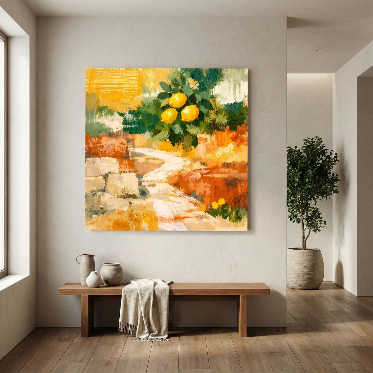 Wandbild mit Zitronenzweig und Steg aus hellen Flächen, orangefarbene Akzente