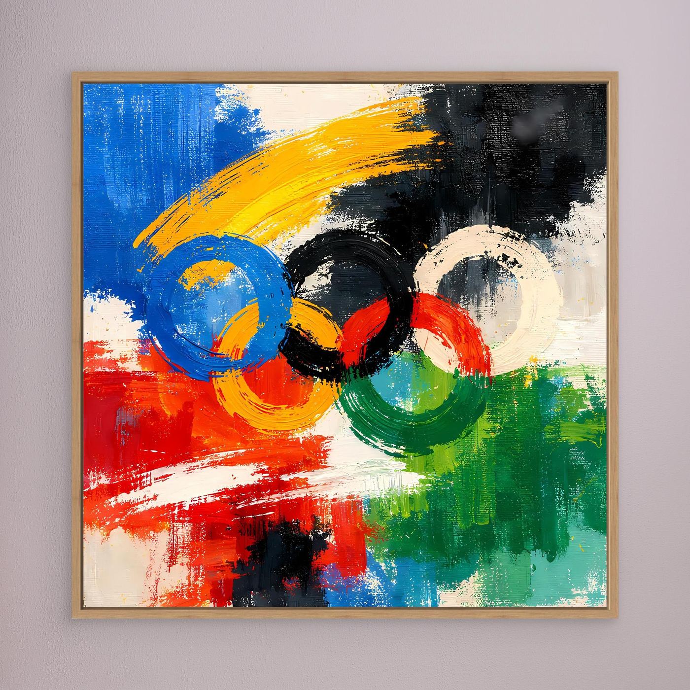 Abstraktes Leinwandbild mit olympischen Ringen, mehrfarbig, heller Holzrahmen
