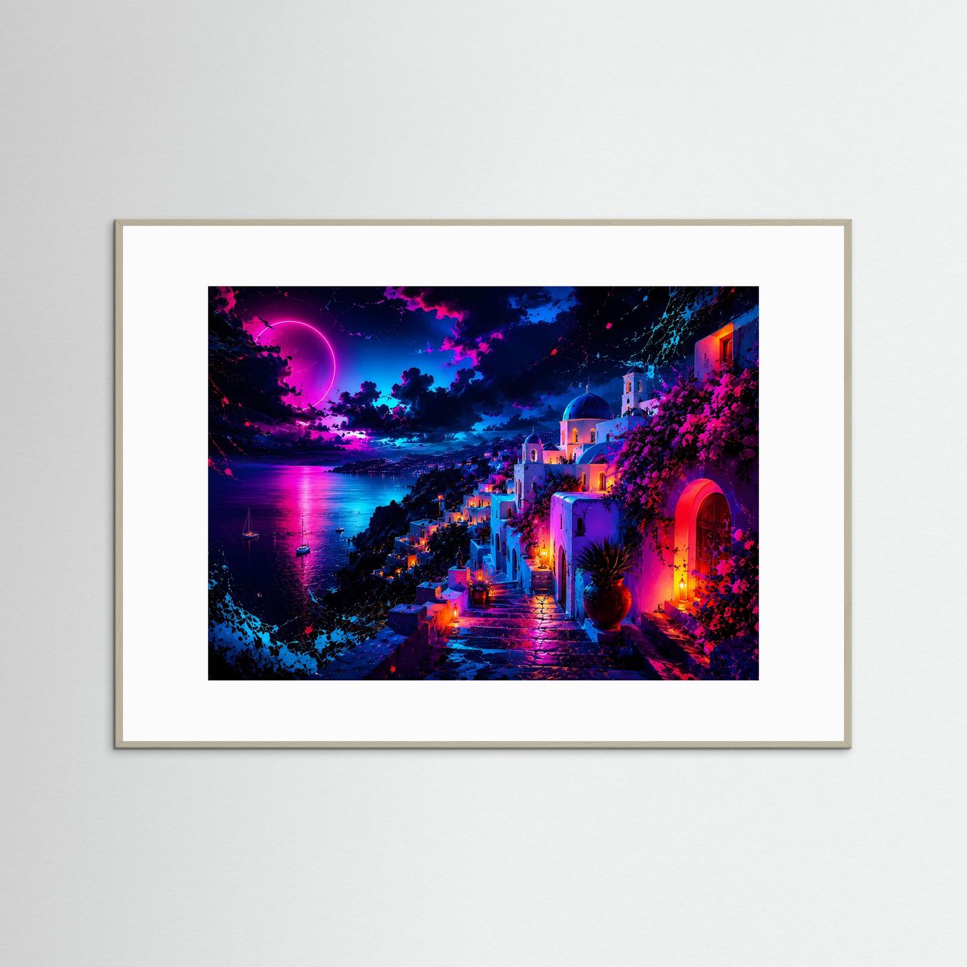Santorini bei Nacht in Neonfarben | Abstraktes Griechenland Panorama Poster Querformat in Pink, Blau & Violett