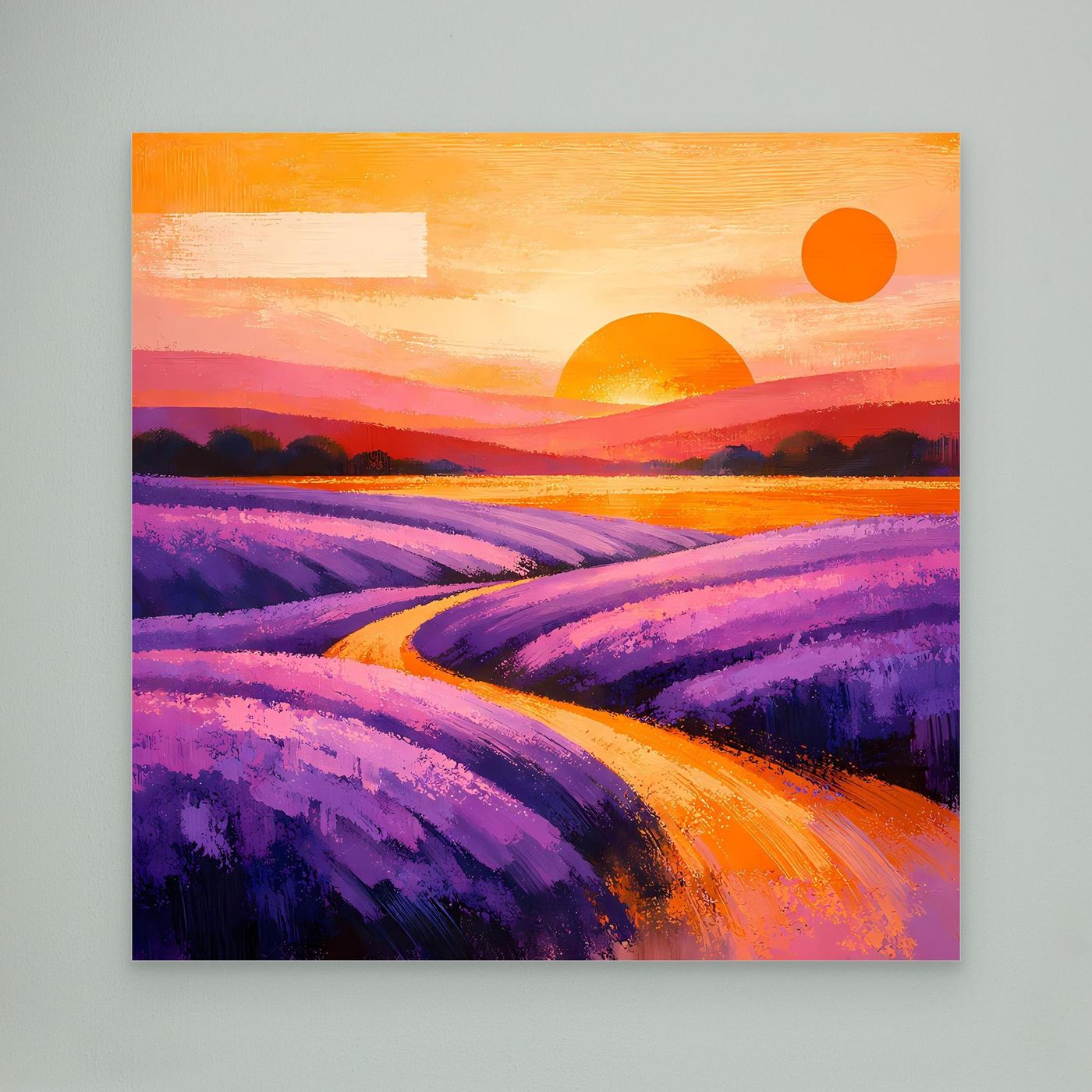 Leinwandbild mit abstraktem Lavendelfeld, Provence-Landschaft in Lila und Orange