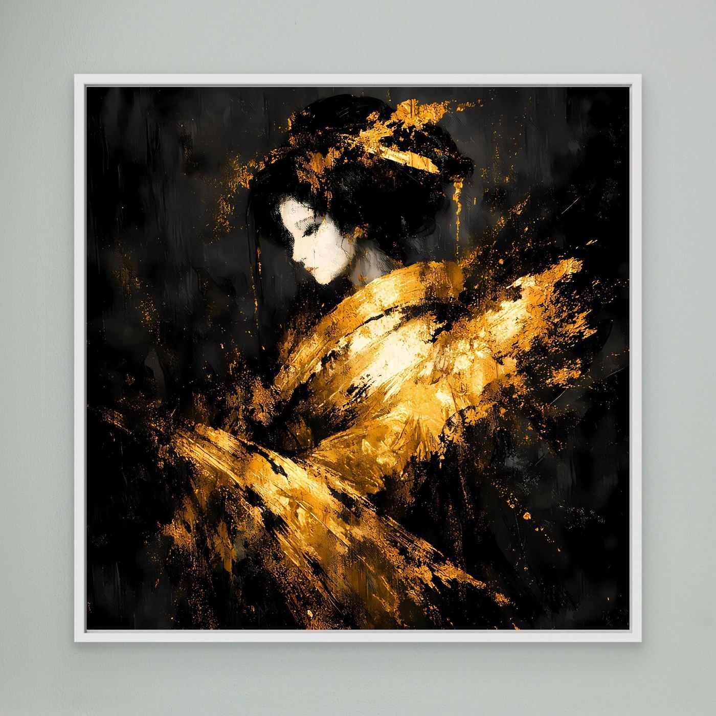 Leinwand Elegante Goldene Geisha | Abstraktes Asiatisches Wandbild