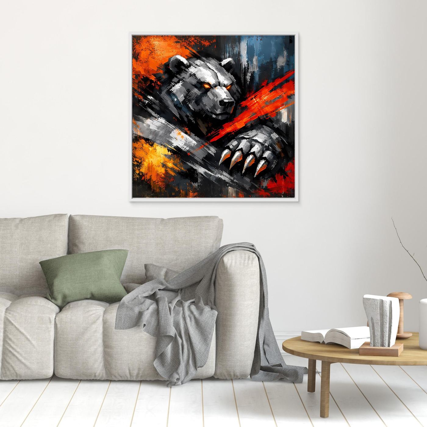 Wandbild mit abstraktem Kampfbär und Krallen über Sofa, hell gerahmt