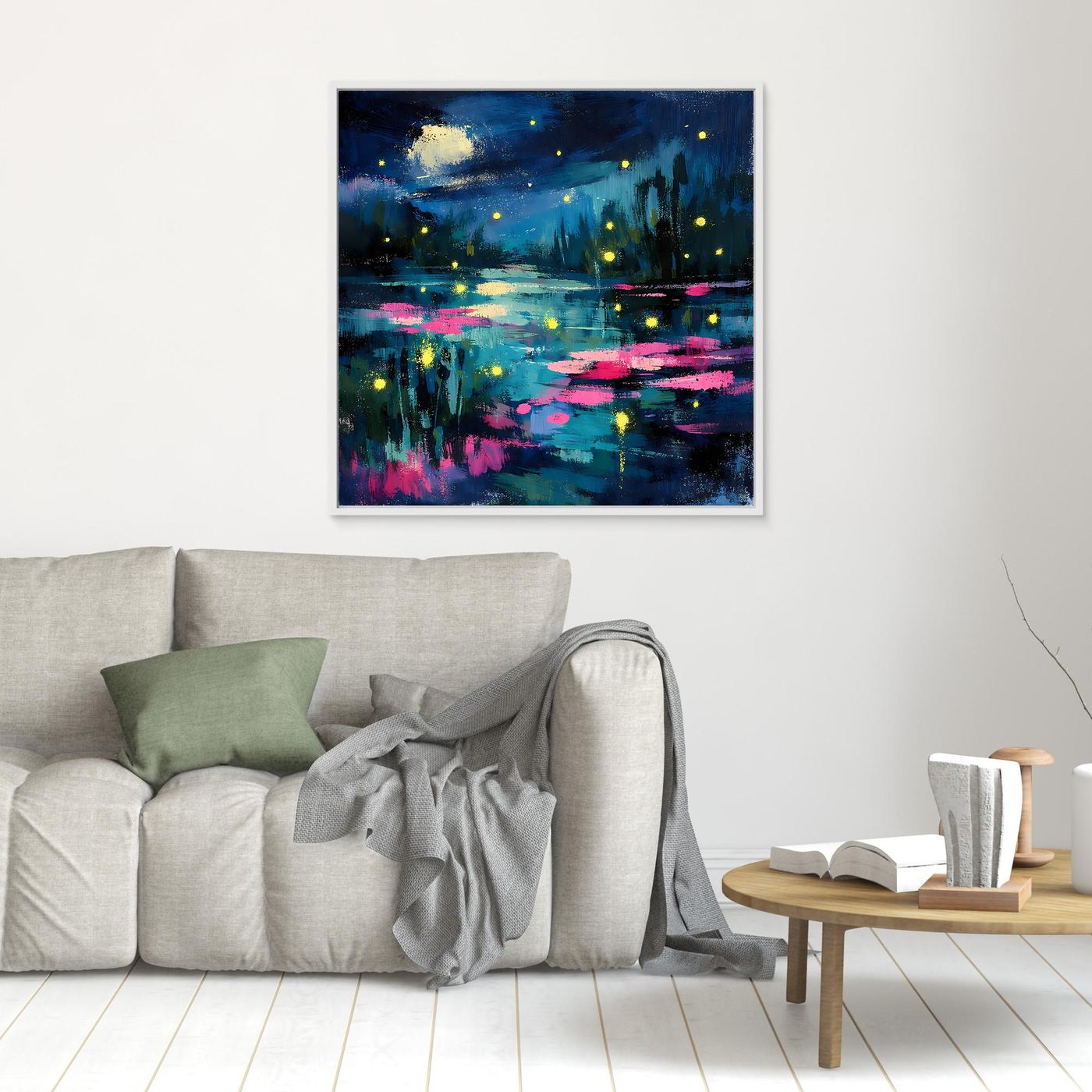 Small abstract night lake wall art with glowing fireflies and pink lily pads, blue water, white frame