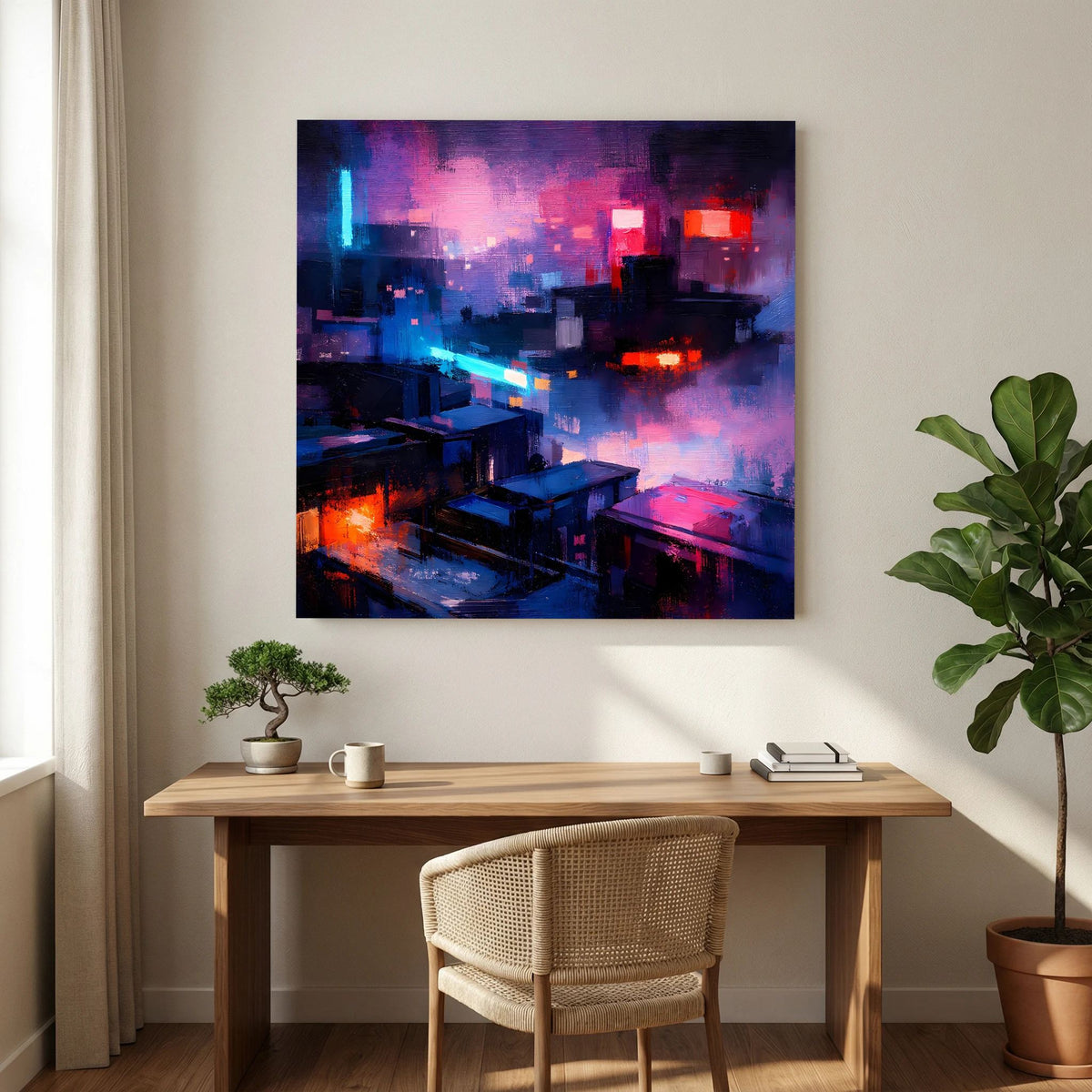 Quadratisches Leinwand-Wandbild: Neon-Cyberpunk-Stadt mit roten und blauen Leuchtsignalen