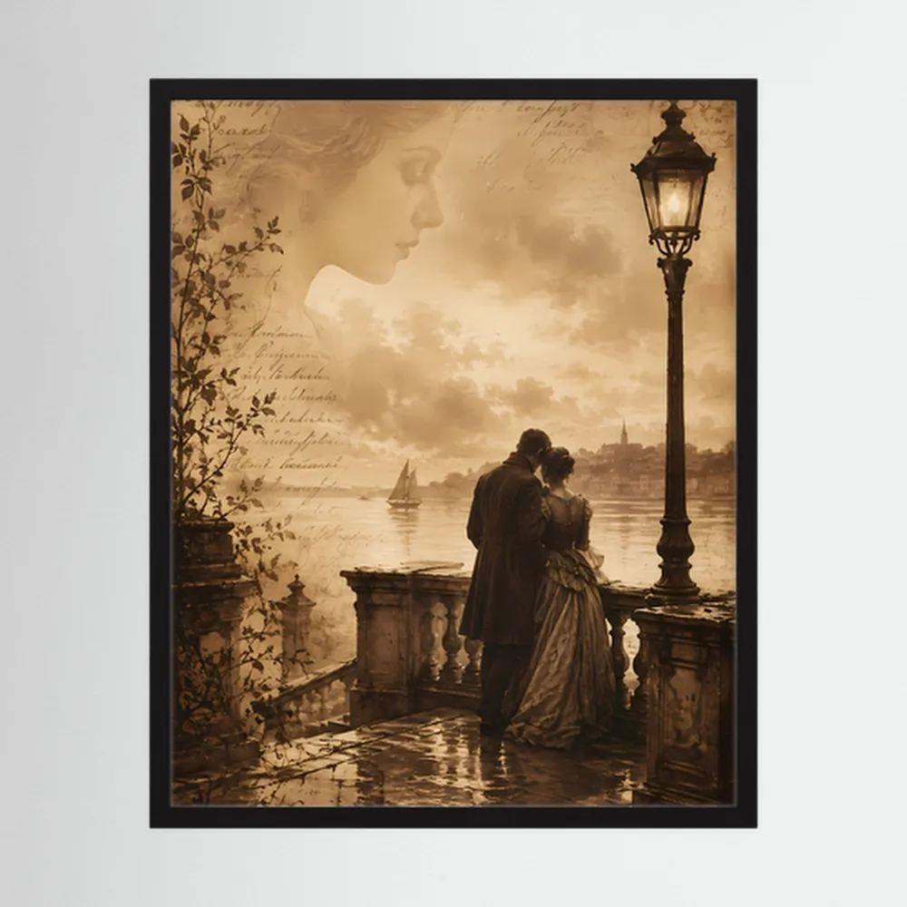 Gerahmtes Hochformat-Poster (schwarzer Rahmen) mit sepia Szene: Paar vor Laterne am Wasser