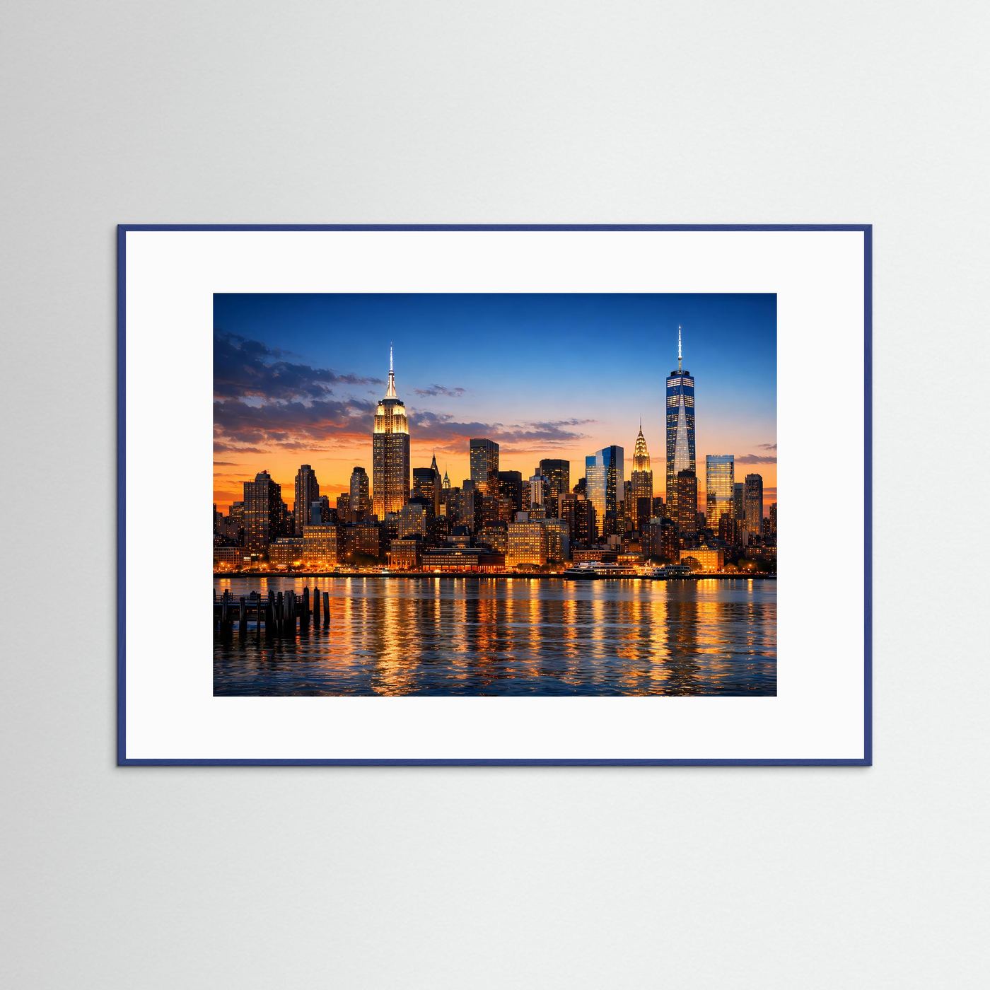 New-York-Skyline-Poster, Sonnenuntergang, blauer Rahmen, weißes Passepartout.