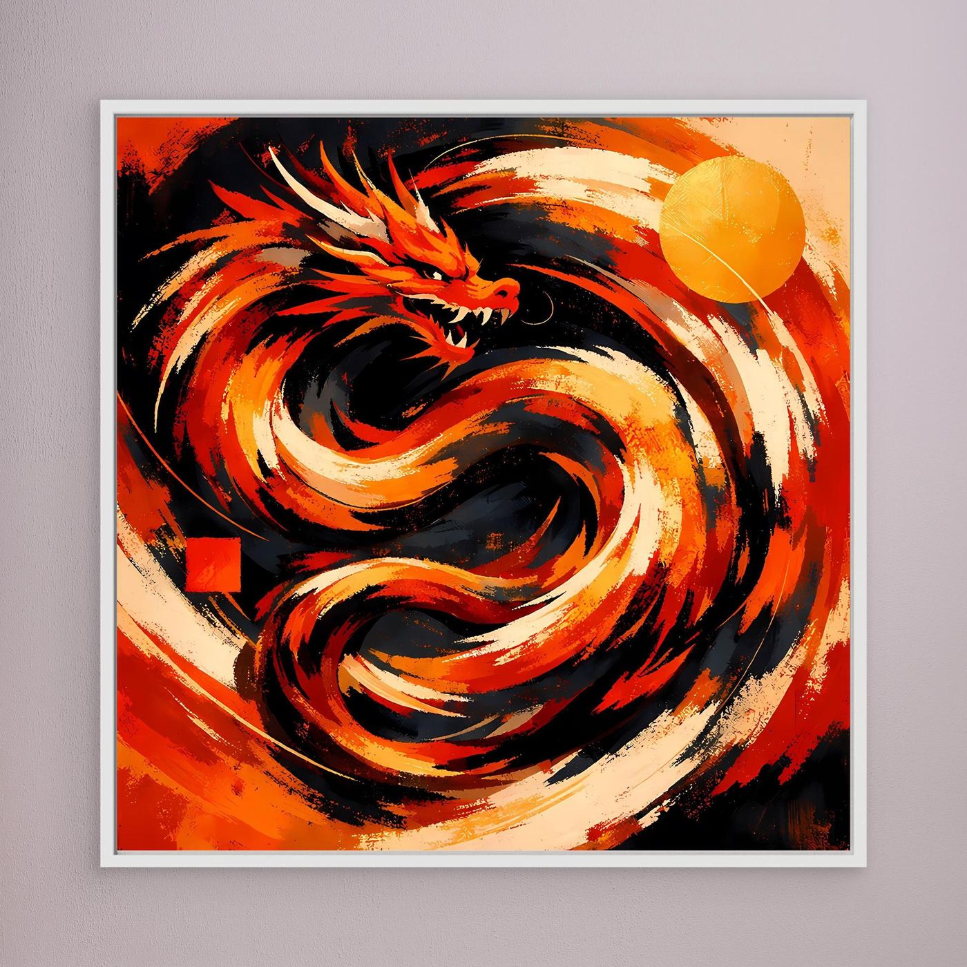 Gerahmtes Leinwand-Wandbild: roter Drache und orangefarbene Flammenwirbel, weißer Rahmen