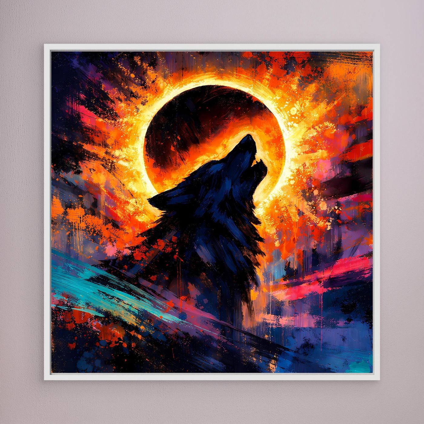 Wandbild: dunkler Wolf vor Sonnenfinsternis-Kreis, orange-blauer Himmel, weißer Rahmen