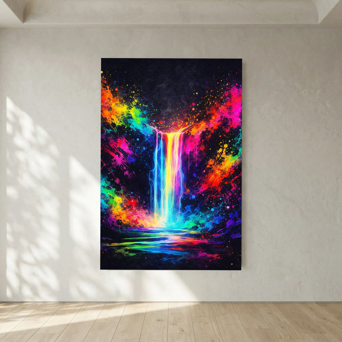 Hochformatiges Wandbild mit schwarzem Rand: Neon-Wasserfall-Abstrakt in leuchtendem Blau, Pink und Grün