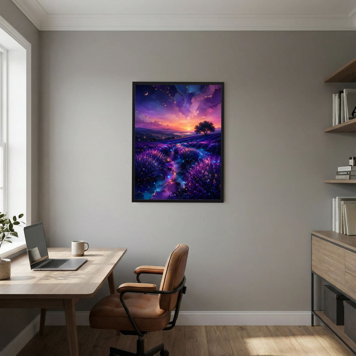 Wandposter mit Lavendelfeld bei Sonnenuntergang, violett und blau, im dunklen Rahmen.