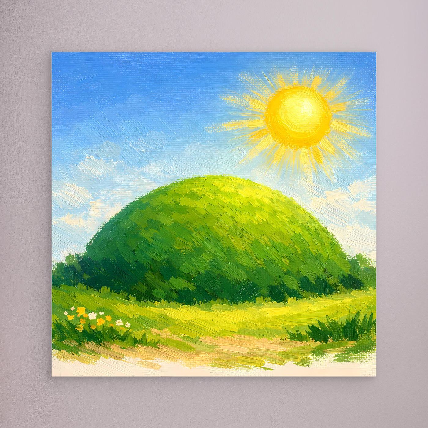 Leinwandbild mit grünem Hügel und gelber Sonne ohne sichtbaren Rahmen
