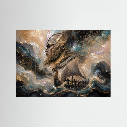 Querformat-Poster mit Wikinger im Drachenboot, detailreiche Meeres- und Goldtöne