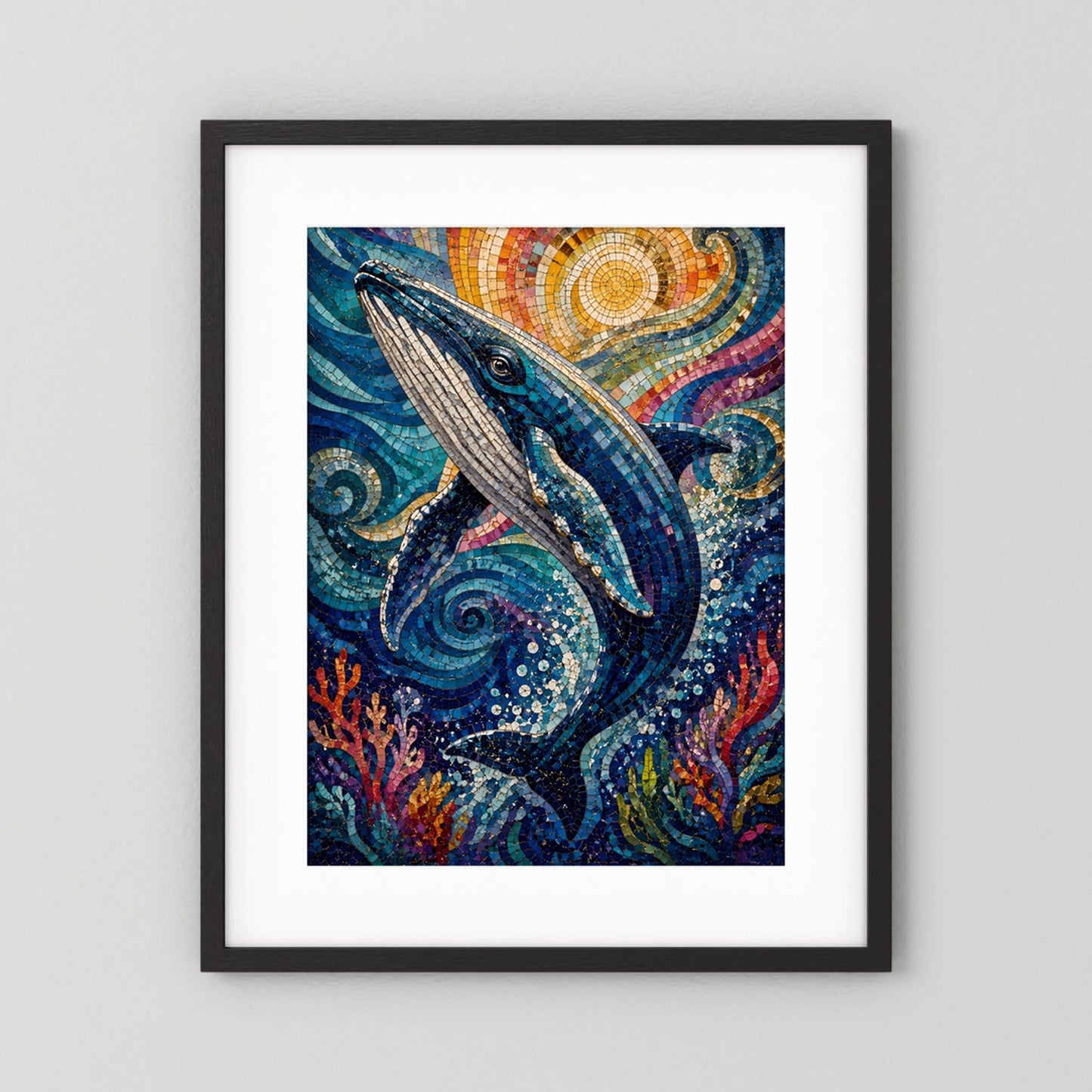 Poster im schwarzen Rahmen mit Delfin-Mosaik, Wellenwirbel und Sonnenkreis
