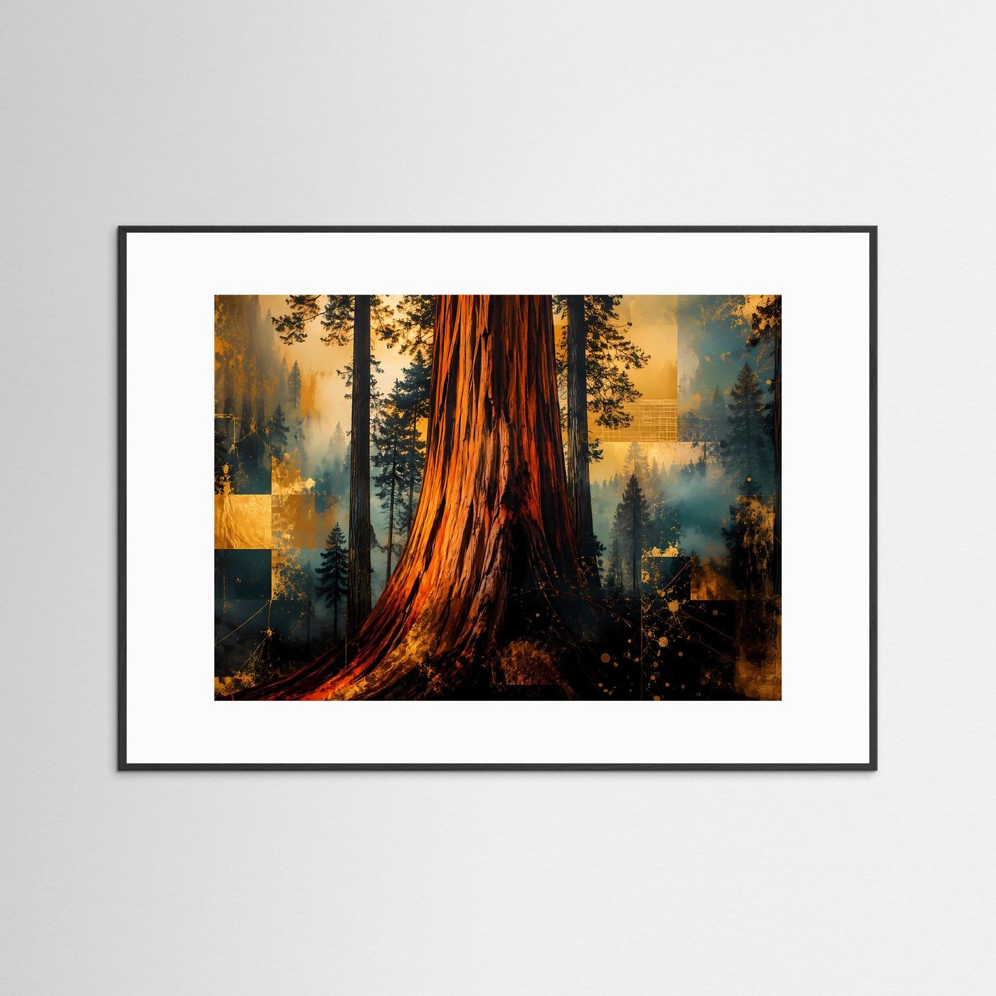 Naturposter mit Mammutbaum im Nebelwald, weiß gerahmt, quer