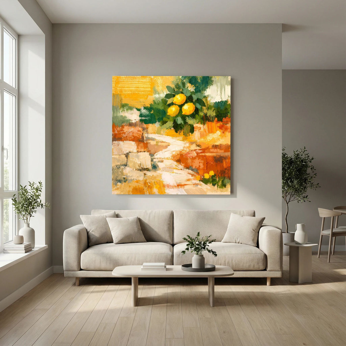 Wandbild über Sofa, abstraktes Stillleben mit gelbem Zitronenzweig und orangefarbenen Akzenten