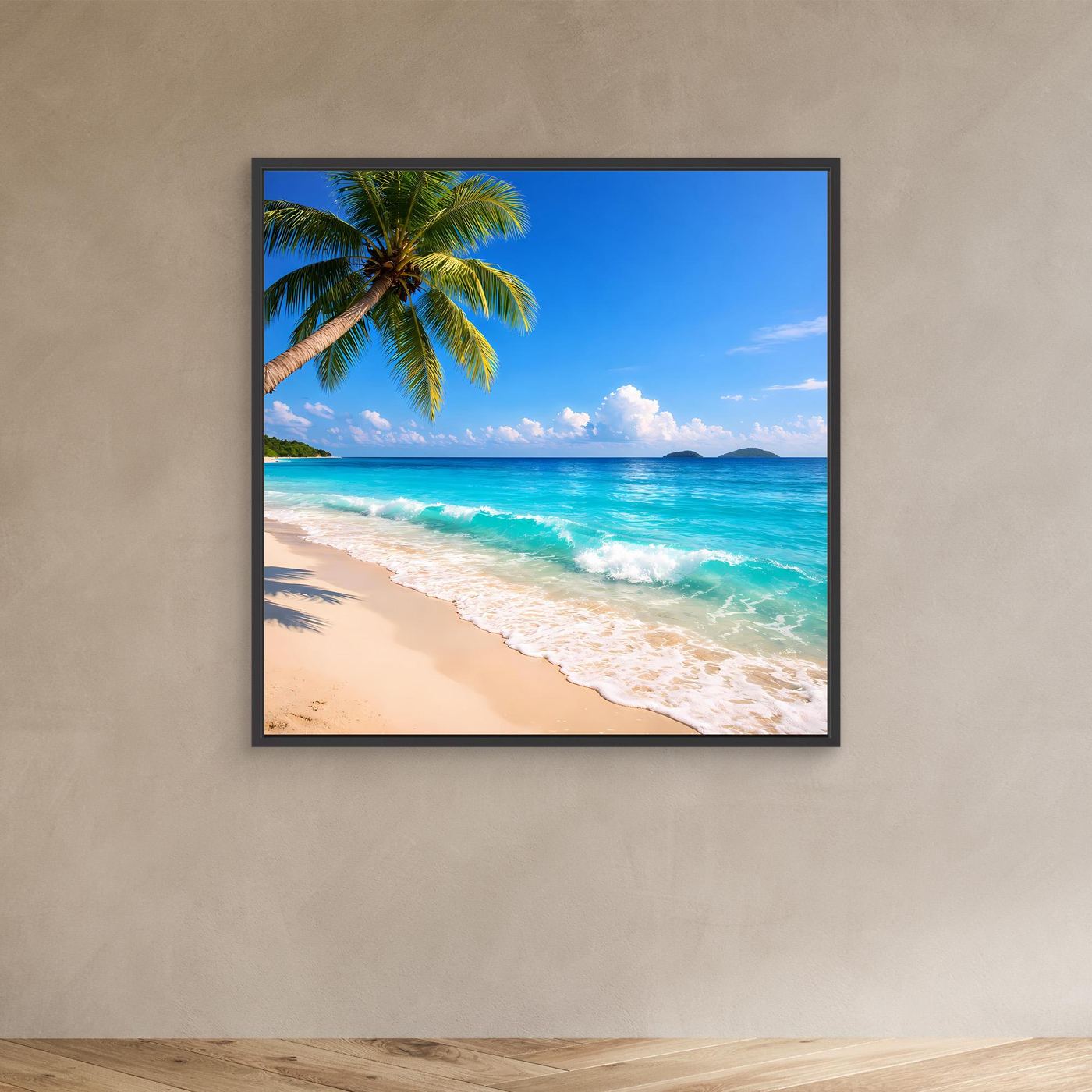 Leinwandbild tropischer Strand mit Palme, türkisfarbenes Meer, schwarz gerahmt