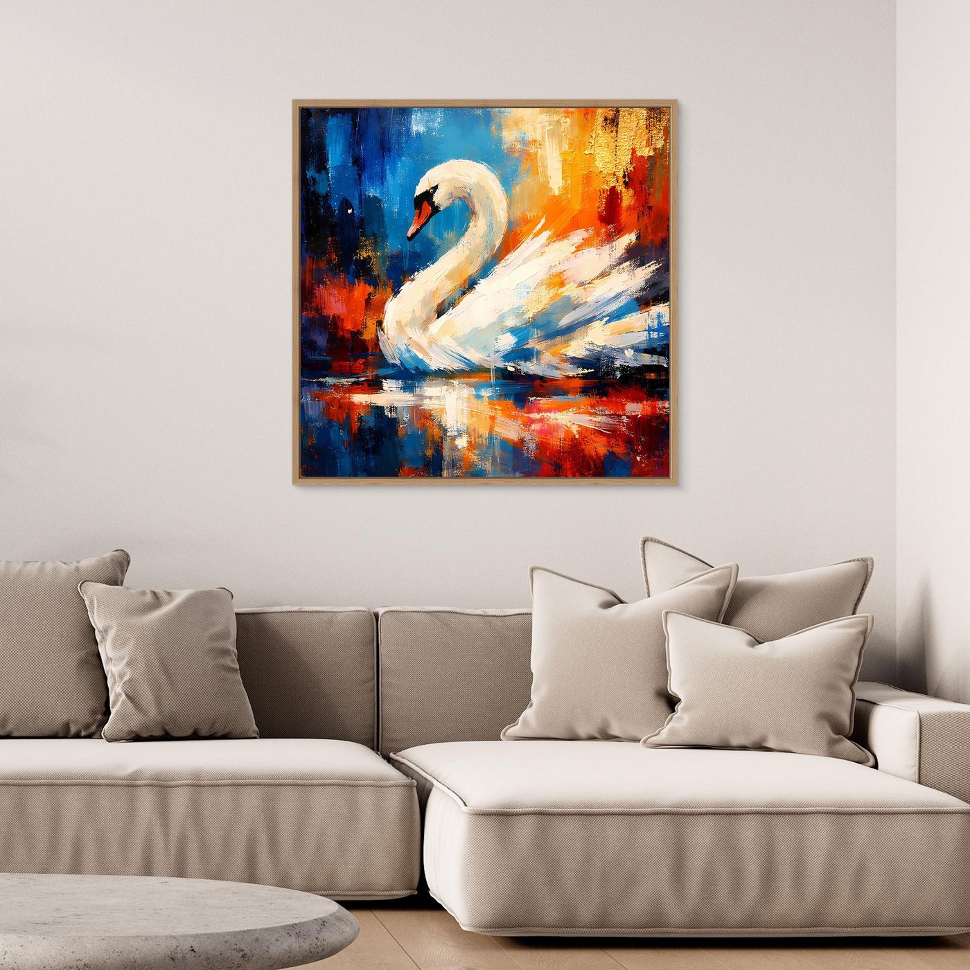 Leinwandbild mit weißem Schwan, abstrakte Pinselstruktur in Blau, Orange und Rot, gerahmt.