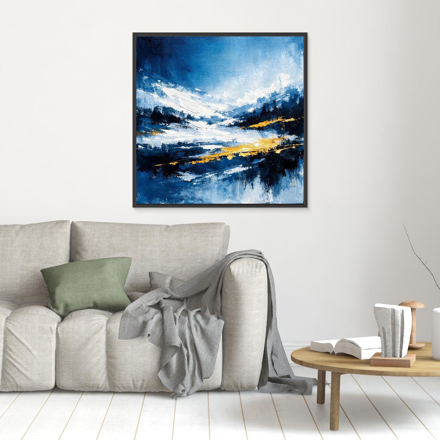 Leinwand Abstraktes Wintergemälde in Blau und Gold | Modernes Schnee & Berge Wandbild