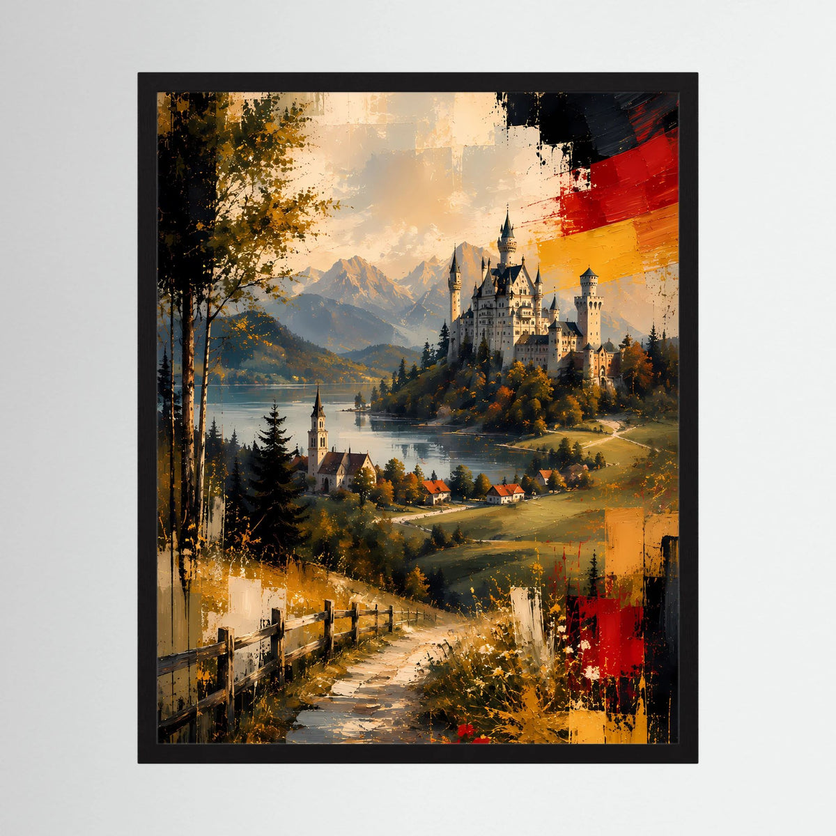 Gerahmtes Kunstposter im Hochformat mit Schlosslandschaft, See und Bergen in Gold- und Rottönen
