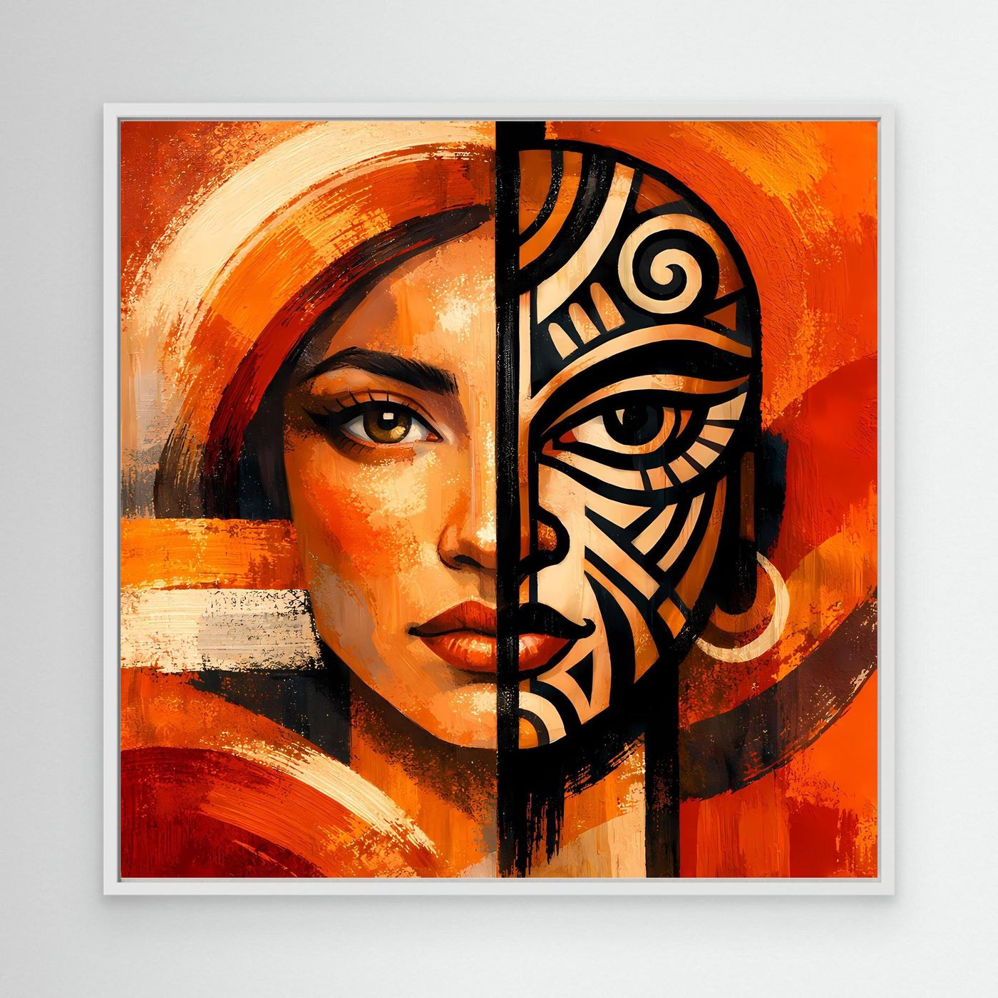 Leinwandbild mit Frauenporträt und Maskenhälfte, orange/rot, schwarz-grafische Muster, weißer Rahmen