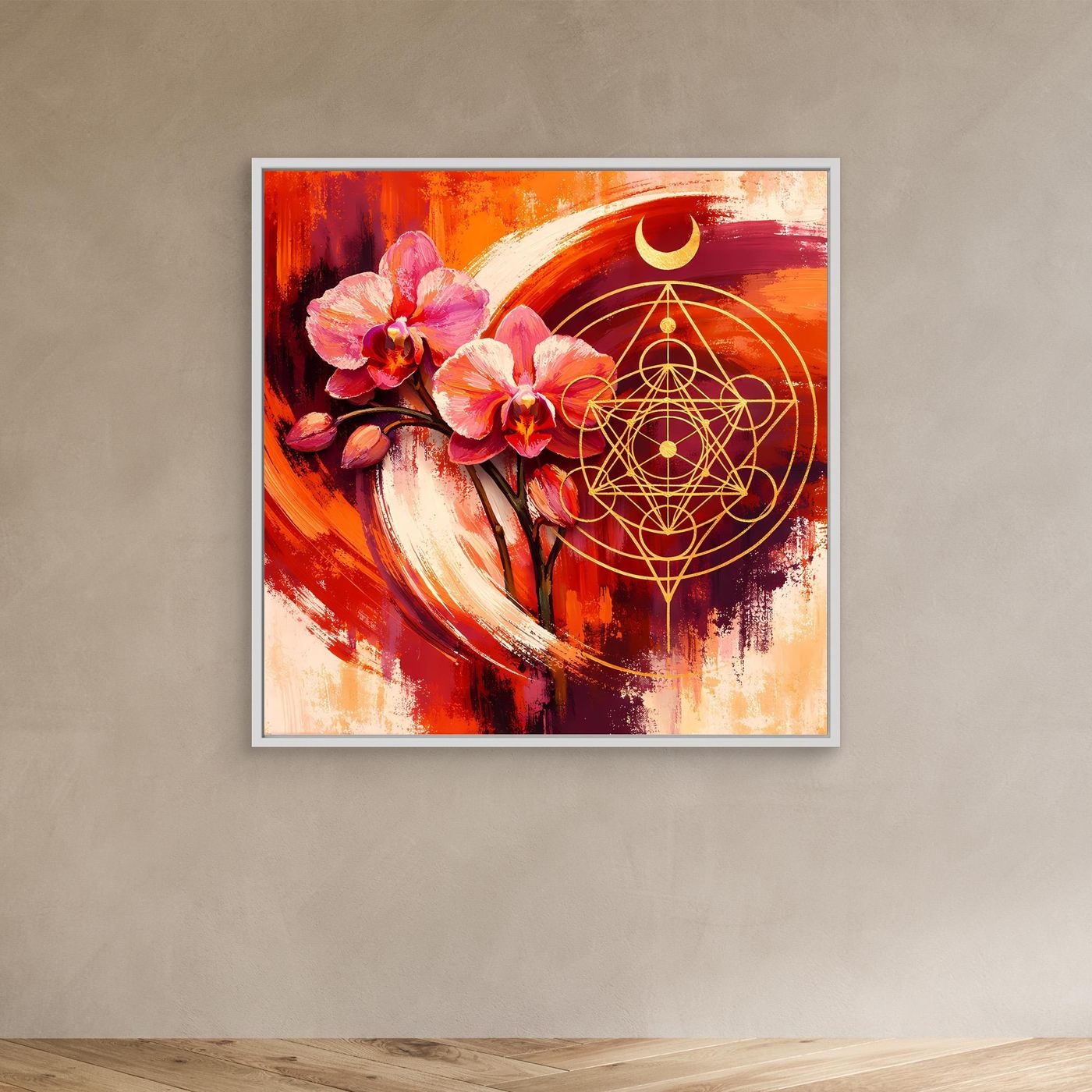 Abstraktes Wandbild mit Orchideen und goldener Geometrie, mit hellem Rahmen