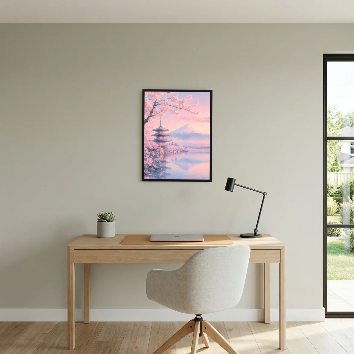 Hochformatiges Poster mit Kirschblüten und Pagode vor Berg Fuji in Pastellrosa