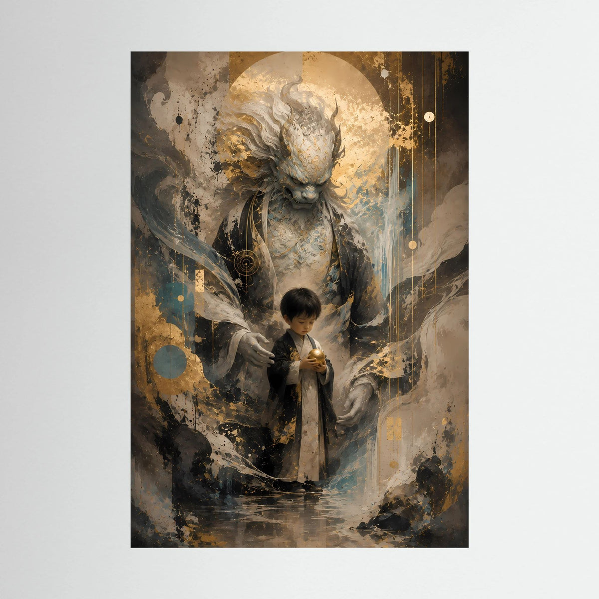 Hochformat-Poster mit mystischem Wächter und Kind, Gold- und Schwarzakzenten, ohne Rahmen