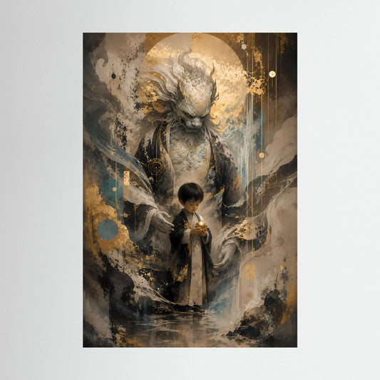 Hochformat-Poster mit mystischem Wächter und Kind, Gold- und Schwarzakzenten, ohne Rahmen