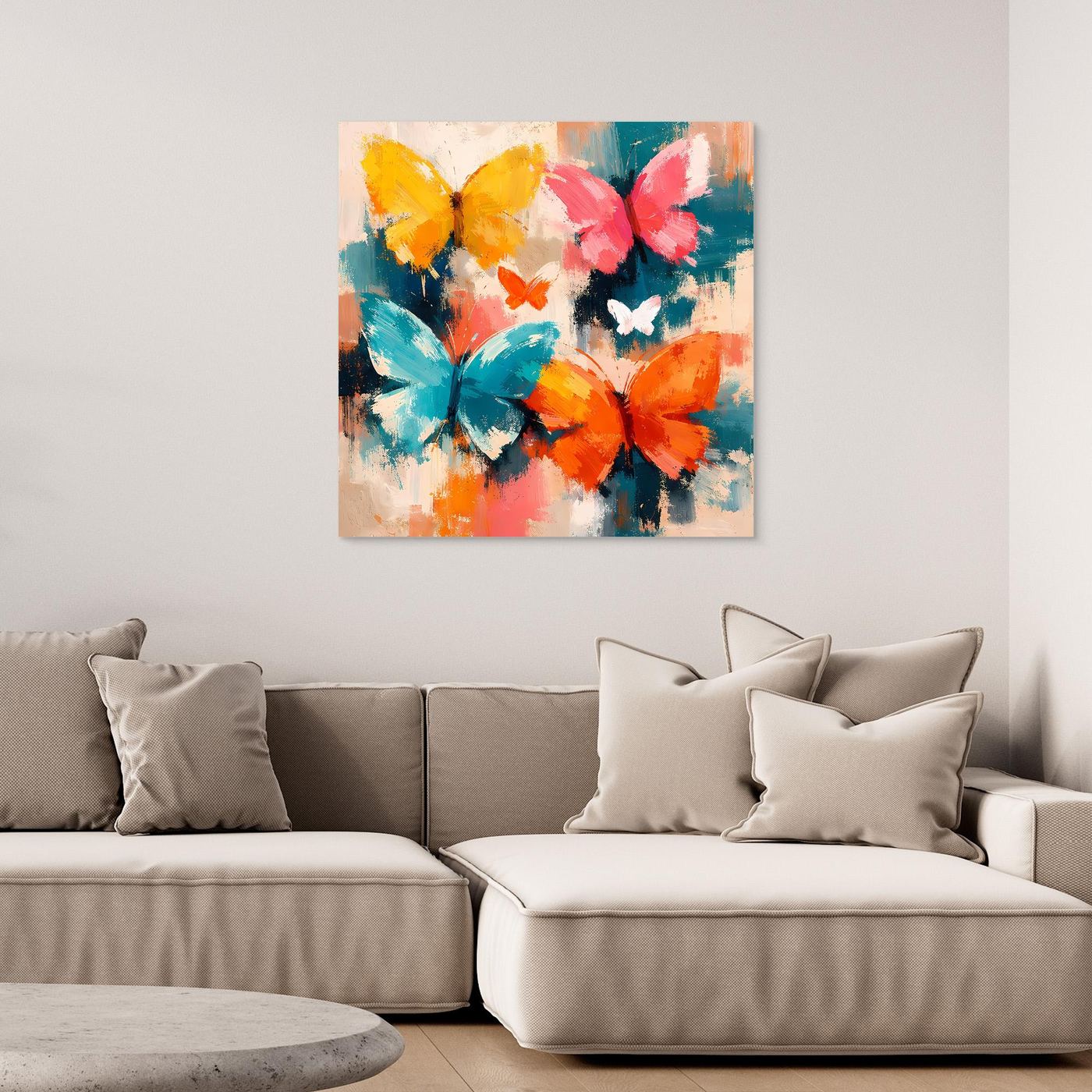 Leinwand Farbenfrohe Schmetterlinge im Flug | Abstraktes Natur & Frühling Wandbild