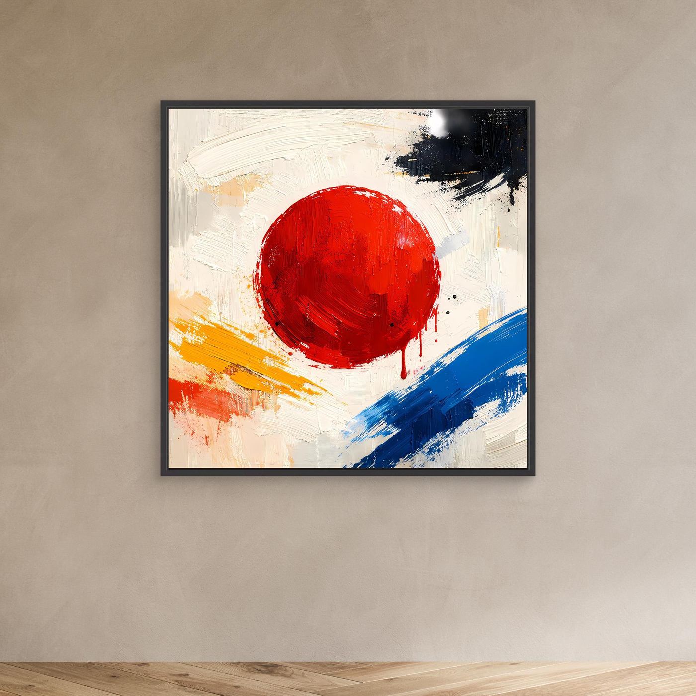 Abstract canvas wall art with a black frame, large red circle, blue diagonals, black paint marks