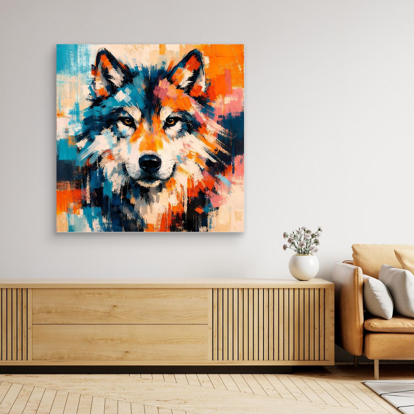 Framed abstract wolf canvas wall art with bold blue and orange brushstrokes