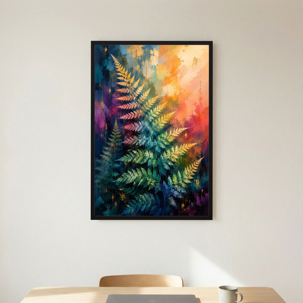 Abstraktes Farn-Poster im Hochformat mit schwarzem Rahmen und mehrfarbigen Farnwedeln