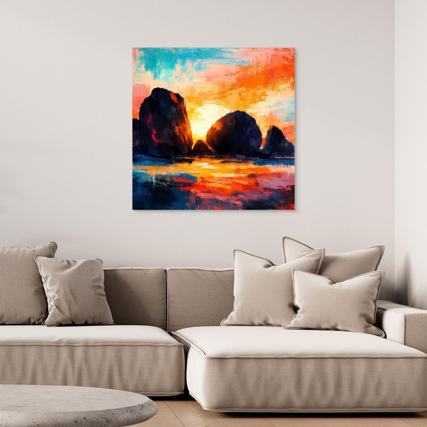 Abstraktes Leinwand-Wandbild mit Sonnenuntergang am Meer, ohne Rahmen