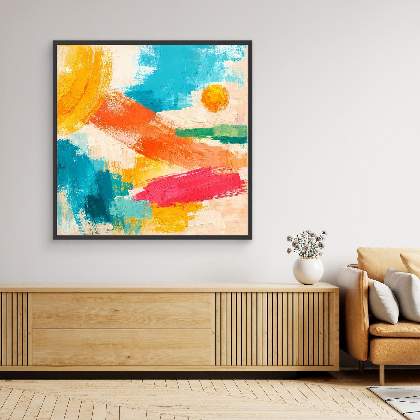 Framed canvas abstract wall art with teal and orange strokes plus a small yellow circle