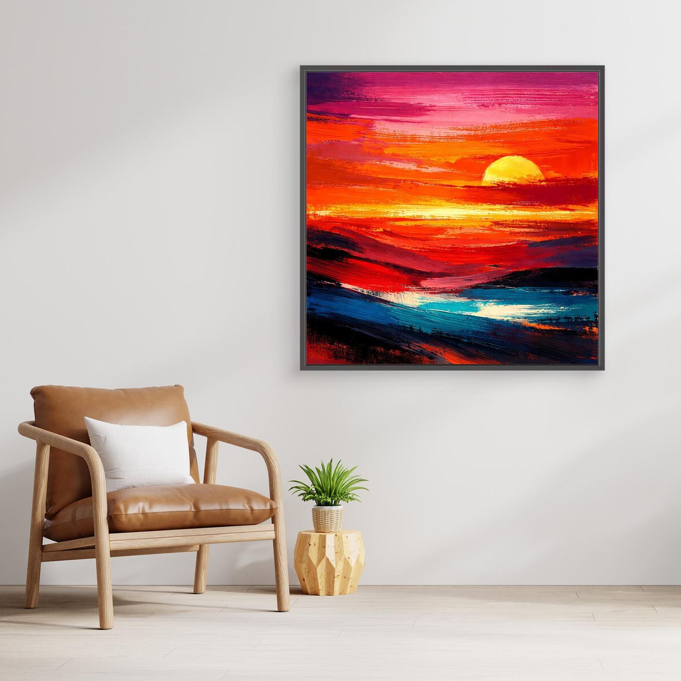 Rechteckiges Leinwandbild mit Rahmen, Meer und gelbe Sonne in leuchtenden Sonnenuntergangstönen