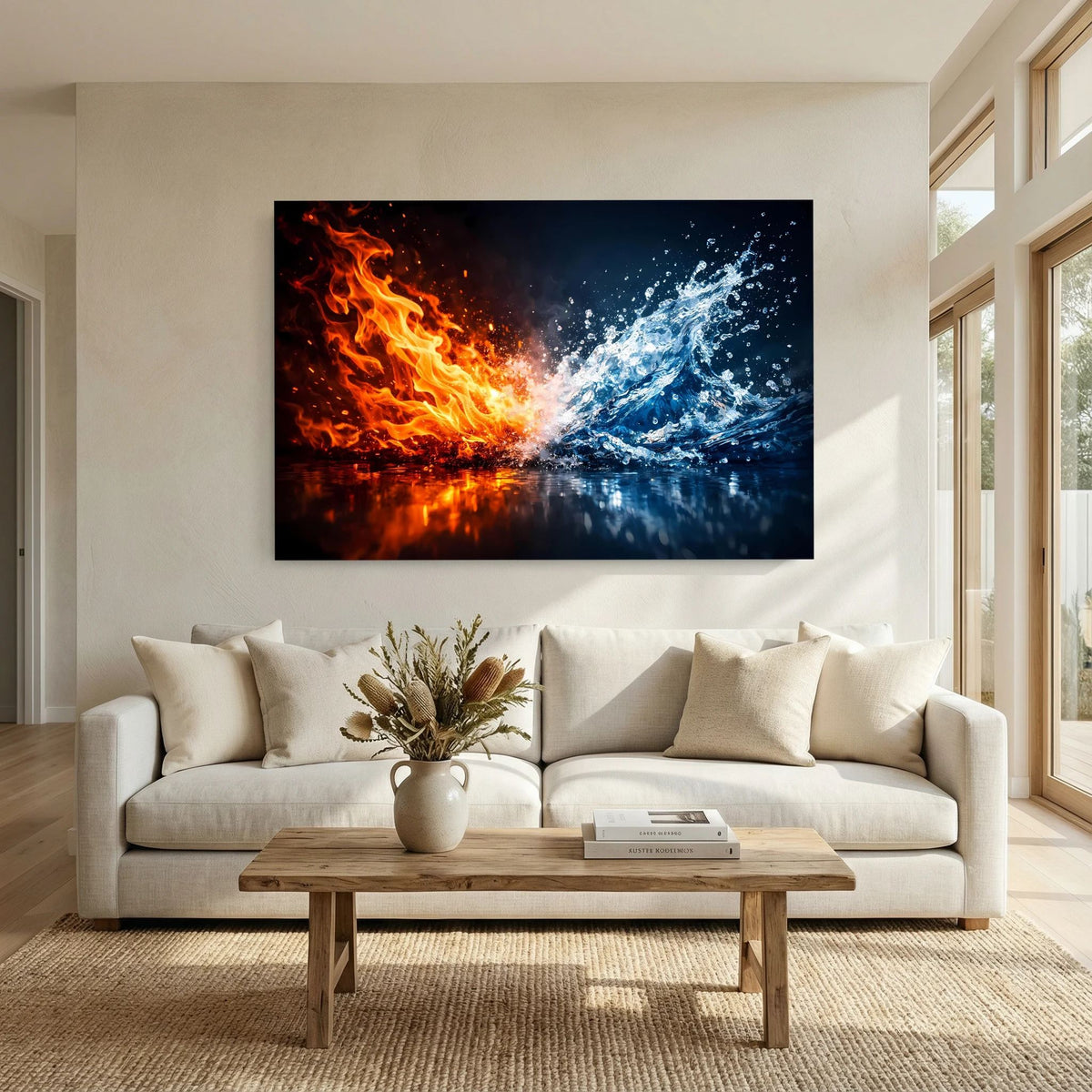 Kunstposter mit Flammen- und Wasserwirbel im schwarzen Rahmen, Querformat