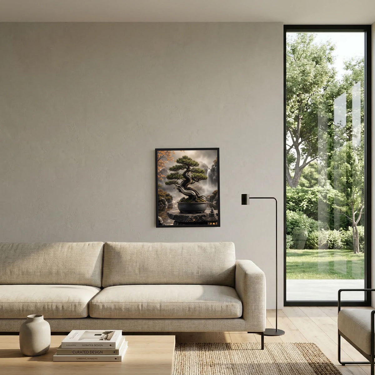 Bonsai-Baum-Zenposter im Hochformat im schwarzen Rahmen: Bonsai in schwarzer Schale