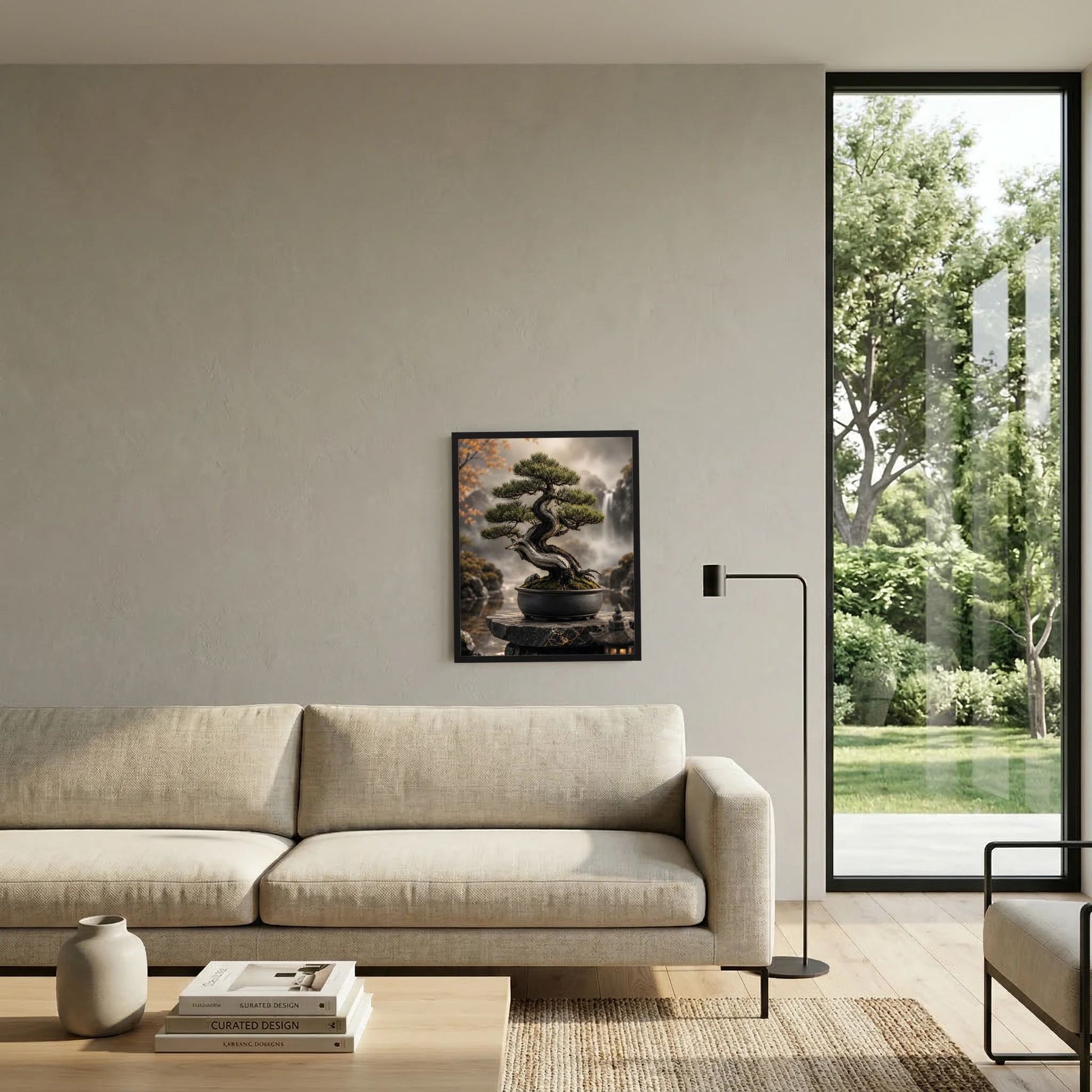 Bonsai-Baum-Zenposter im Hochformat im schwarzen Rahmen: Bonsai in schwarzer Schale