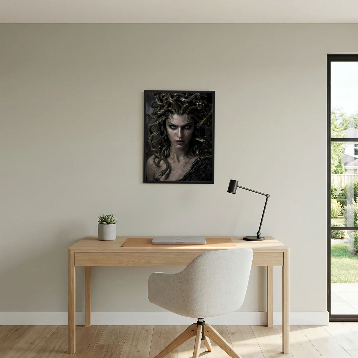 Fantasy-Poster mit Medusa: Gesicht einer Frau mit Schlangenhaaren, kontrastreiche Dunkelheit