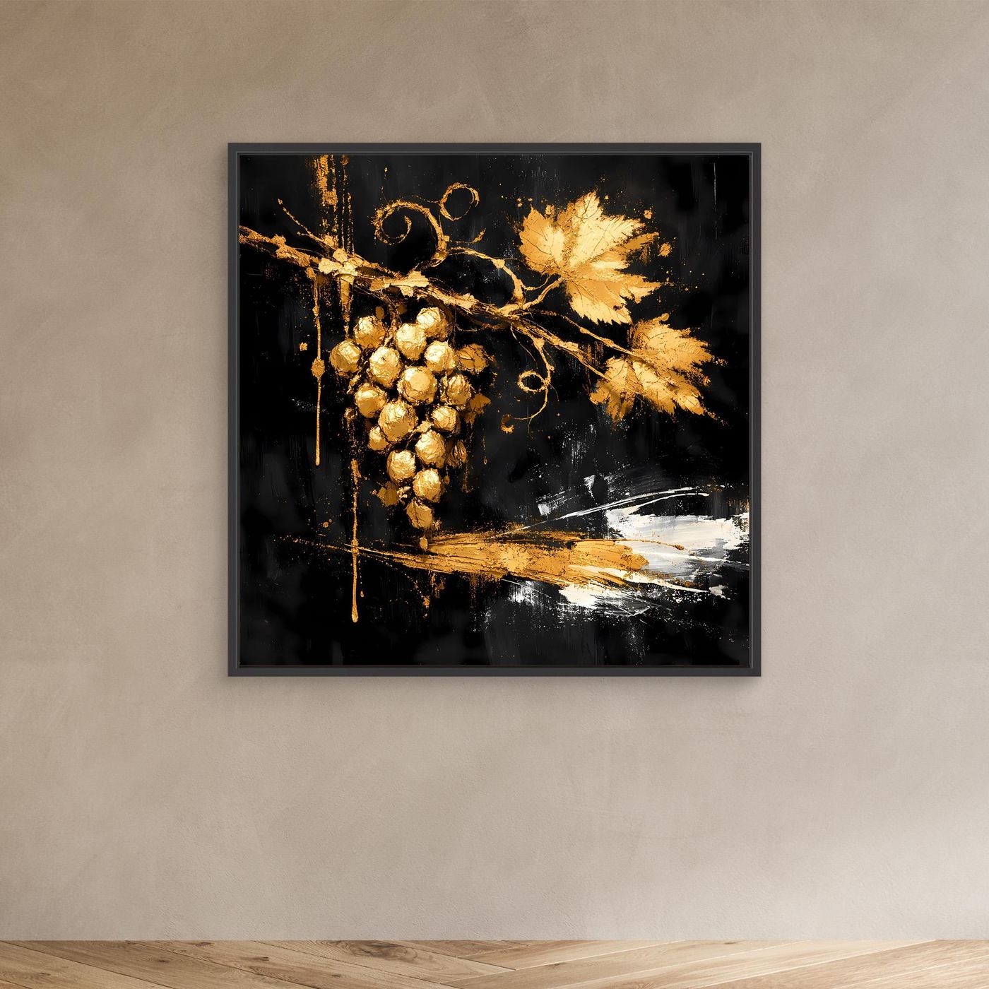 Leinwand Goldene Weintrauben auf Schwarz | Modernes Luxus Wandbild Küche & Wohnzimmer