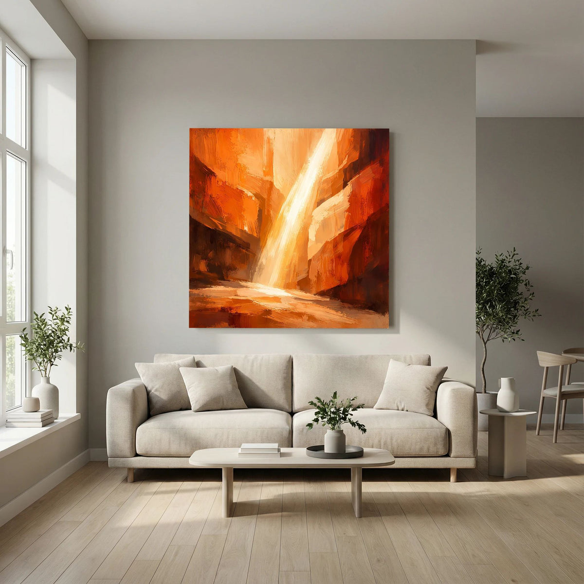 Abstraktes Leinwand-Wandbild mit orange-rotem Gestein und stark leuchtendem Lichtstrahl