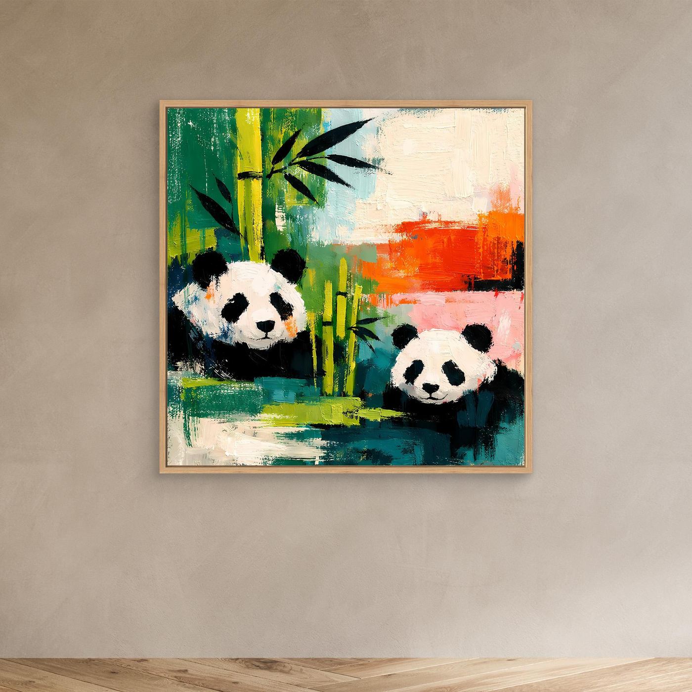 Light wood-framed canvas wall art with two pandas in colorful bamboo brushstrokes.