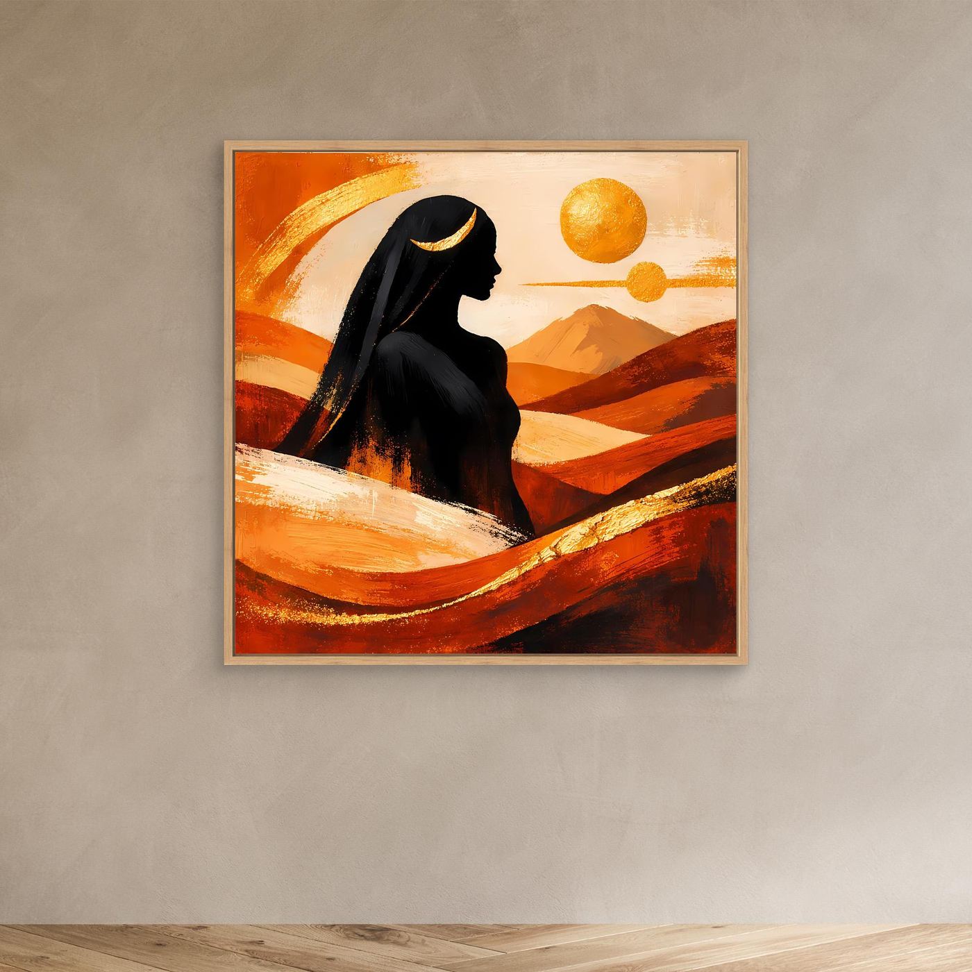 Leinwandbild mit hellem Rahmen: Wüstenkönigin vor Terrakotta-Landschaft, goldene Kreise