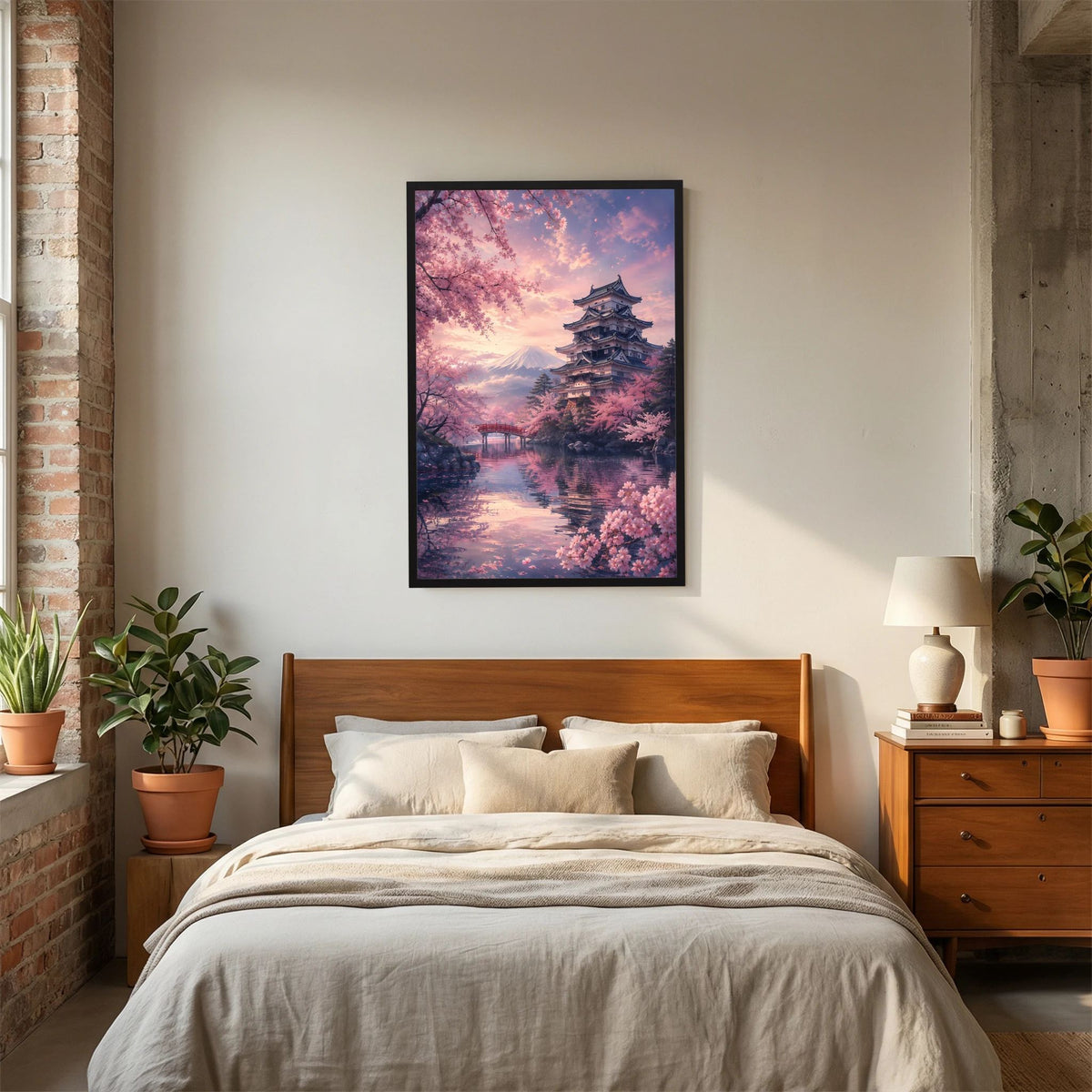 Hochformatiges Poster mit Sakura, Tempelpagode und Bergsilhouette im schwarzen Rahmen