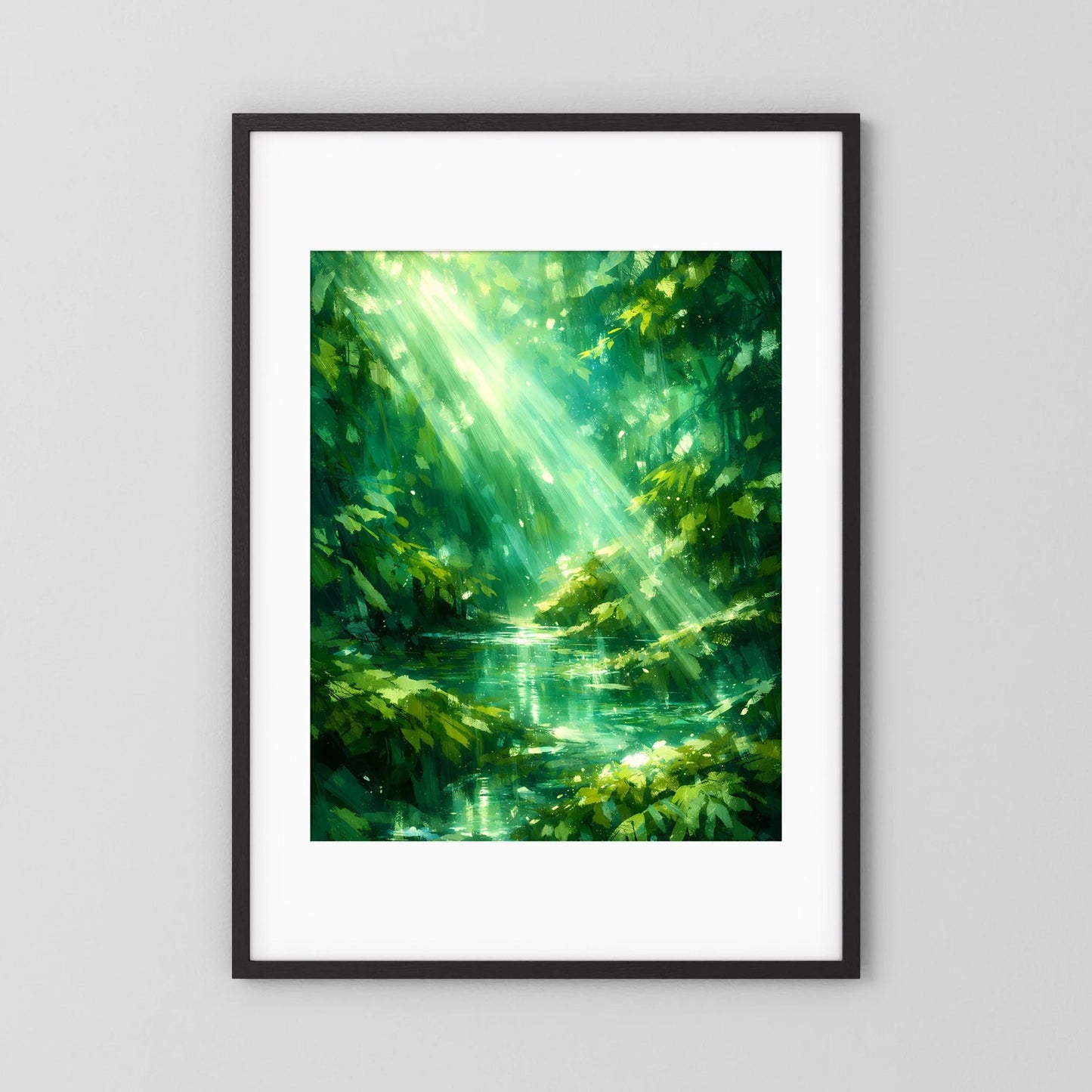 Poster im schwarzen Rahmen mit weißem Rand: grüner Waldsee und Lichtstrahlen